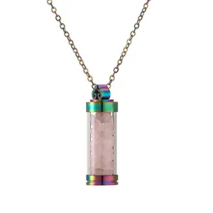 Collier pendentif bouteille de parfum arc-en-ciel en acier avec cristaux roses