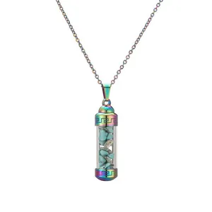 Collier en acier inoxydable arc-en-ciel avec pendentif fiole et pierres colorées