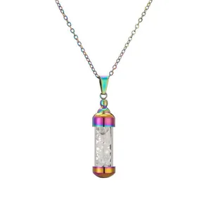 Collar con colgante de frasco de perfume arcoíris y cristales de piedras naturales blancas