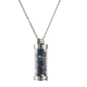 Stainless steel perfume bottle necklace with blue crushed stones inside on white background