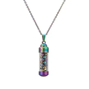 Collier pendentif bouteille de parfum arc-en-ciel en acier inoxydable avec pierres colorées