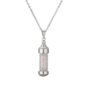 Silberne Edelstahl-Parfümflasche Halskette mit rosa Naturstein-Anhänger