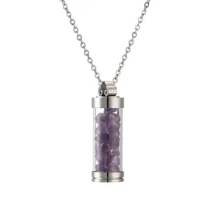 Silver stainless steel perfume bottle necklace featuring vibrant purple gemstone chips