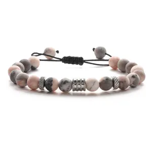 Adjustable woven beaded bracelet with grey, pink and white natural marble stones