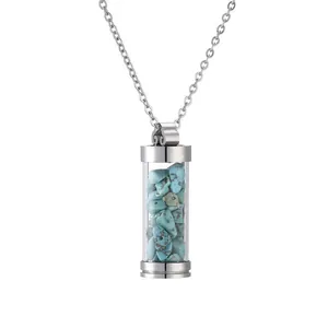 Silver perfume bottle necklace with blue turquoise stones and cylindrical pendant