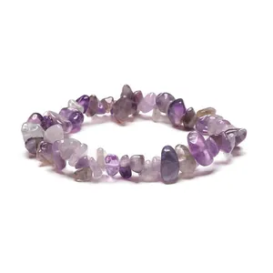 Handmade natural amethyst crystal gravel stretch bracelet for women on white background
