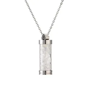 Capsule pendant necklace with white crystals and silver stainless steel chain