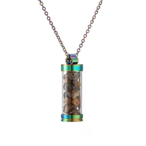 Collier bouteille à vœux en acier arc-en-ciel avec pierres œil de tigre brunes