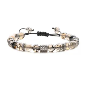 Adjustable dragon vein agate beaded bracelet with textured stainless steel accents