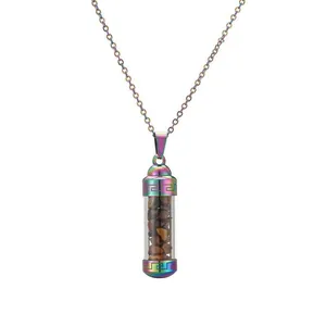 Collier arc-en-ciel avec pendentif flacon de parfum rempli de pierres d'oeil de tigre