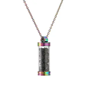 Collier flacon de parfum arc-en-ciel en acier avec pendentif pierres noires