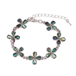 Silver flower bracelet with colorful abalone shell inlays and adjustable clasp