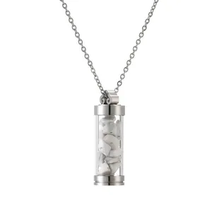 Stainless steel perfume bottle necklace with white natural stone chips inside pendant