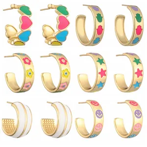 Bohemien Emaille C-vormige Oorknopjes Voor Vrouwen Verguld Koper Kleurrijke Boze Oog Hamsa Ster Hart Bloem Sieraden