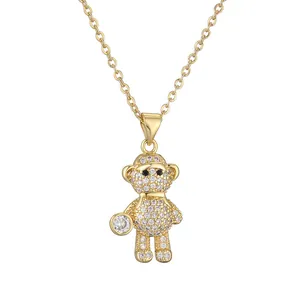 Fashionable gold bear pendant necklace with sparkling micro-pave cubic zirconia stones