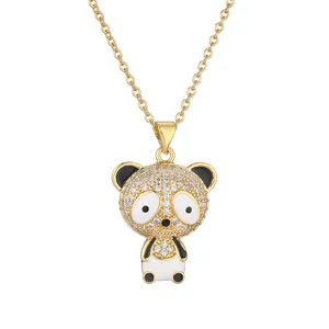 Cute panda pendant necklace with gold plating and sparkling zircon stones on thin chain