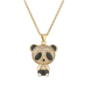 Golden panda pendant necklace with sparkling pavé zircons and black enamel details