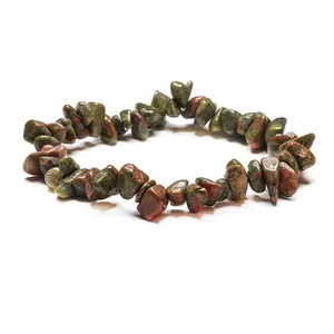 Handmade natural unpolished epidote crystal stone bracelet with irregular green and red beads