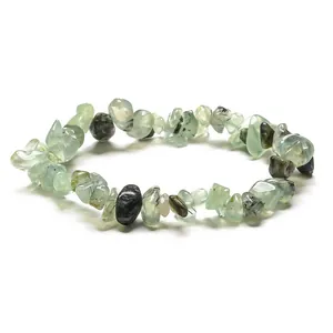 Handmade elastic bracelet with irregular natural green prehnite and black tourmaline chips