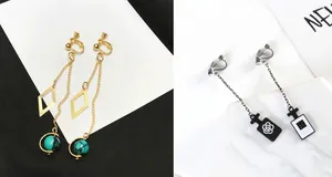 Detail of geometric rhombus pendant and flower-patterned perfume bottle clip earrings