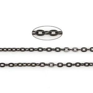 Detail of glossy black metal O-chain with micro oval links for DIY jewelry making
