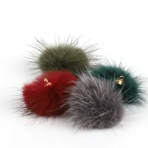 Set of four 3.5cm mink fur pom-pom pendants with gold loops for DIY jewelry making