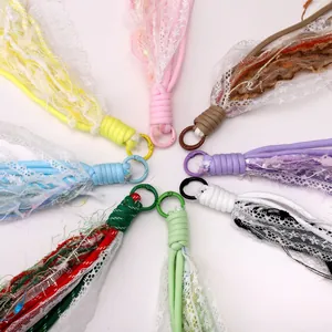 Lace tassel keychain set in 8 vibrant colors with alloy ring and polyester fringe charms