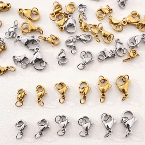 Macro view of gold and silver lobster clasps in various sizes for DIY jewelry making