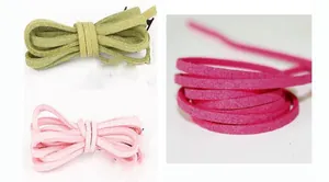 Nahaufnahme von 3mm Wildlederimitat-Kordeln in Grün und Rosa für DIY-Schmuck und Weben