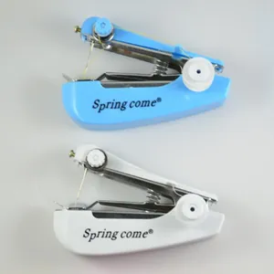 Portable mini handheld manual sewing machine in blue and white for home DIY repairs