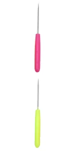 Close-up of DIY sewing awls with pink and yellow plastic handles and sharp metal needles