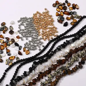 Natural Stone Crushed Loose Beads Mixed Glass Round Beads Metal Spacer Beads For DIY Jewelry Bracelet Necklace Making Material Kit