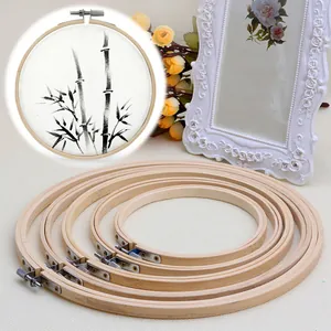 Detail view of 5-piece round bamboo embroidery hoops with adjustable metal locking screws