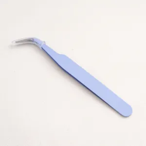 Close-up of light blue precision curved tweezers with a protective tip cap for DIY crafts