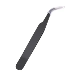Detail view of 10mm black curved tweezers with protective cap for DIY crafts and stickers