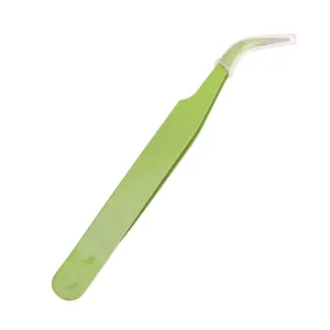 Detailed view of curved fruit green craft tweezers with clear protective safety cap