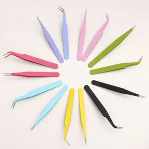 14-piece colorful stainless steel precision tweezers set with straight and curved tips