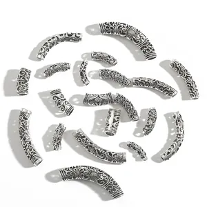 Antique Silver Alloy Hollow Curved Tube Spacer Beads Vintage Floral Carved DIY Jewelry Making Bracelet Necklace Connector Findings