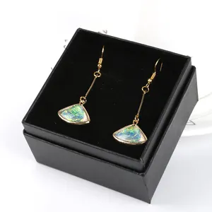Double-sided fan-shaped dangle earrings with rainbow aurora finish in a black gift box
