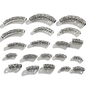 Antique silver curved tube beads with hollow floral engravings for DIY jewelry making