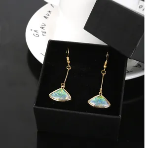 Cloud pattern fan-shaped copper earrings with blue marbled inlay in black jewelry box