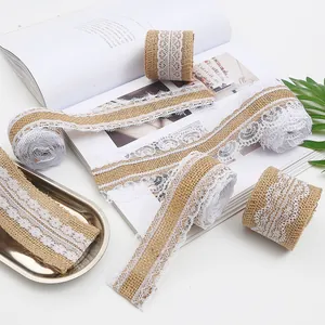 Natural jute ribbon roll with white lace trim for DIY weddings and gift wrapping