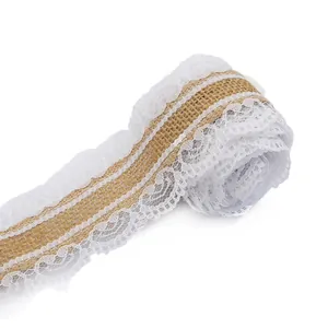 Natural jute burlap roll with white lace trim for DIY wedding and craft decorations