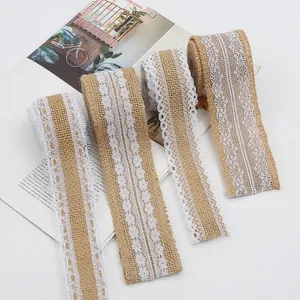 Natural jute burlap ribbon rolls with white lace trim for DIY wedding crafts
