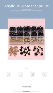 Macro-opname van acryl poppenogen en neuzen in een 15-vaks opbergdoos voor DIY knutselwerkjes
