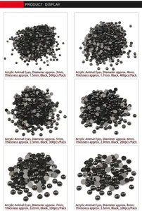 Detailed size comparison grid of black acrylic eyes for DIY toys from 3mm to 8mm