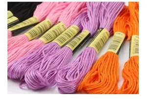 Detailed macro view of colorful embroidery threads with digital color code labels