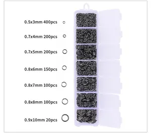 Detailed chart showing 7 sizes of metal jump rings from 3mm to 10mm in a plastic organizer box