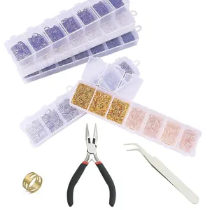 DIY jewelry kit with open jump rings in assorted metal colors and professional craft tools