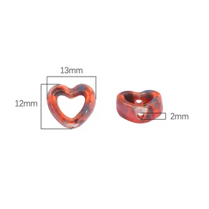 13mm heart-shaped ceramic bead with red and blue ink patterns for DIY jewelry making